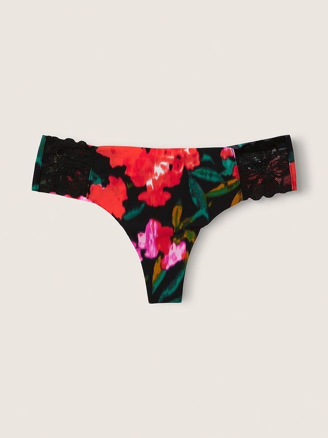 Pure Black Soft Floral No Show Thong Knicker (Q05902) | €3