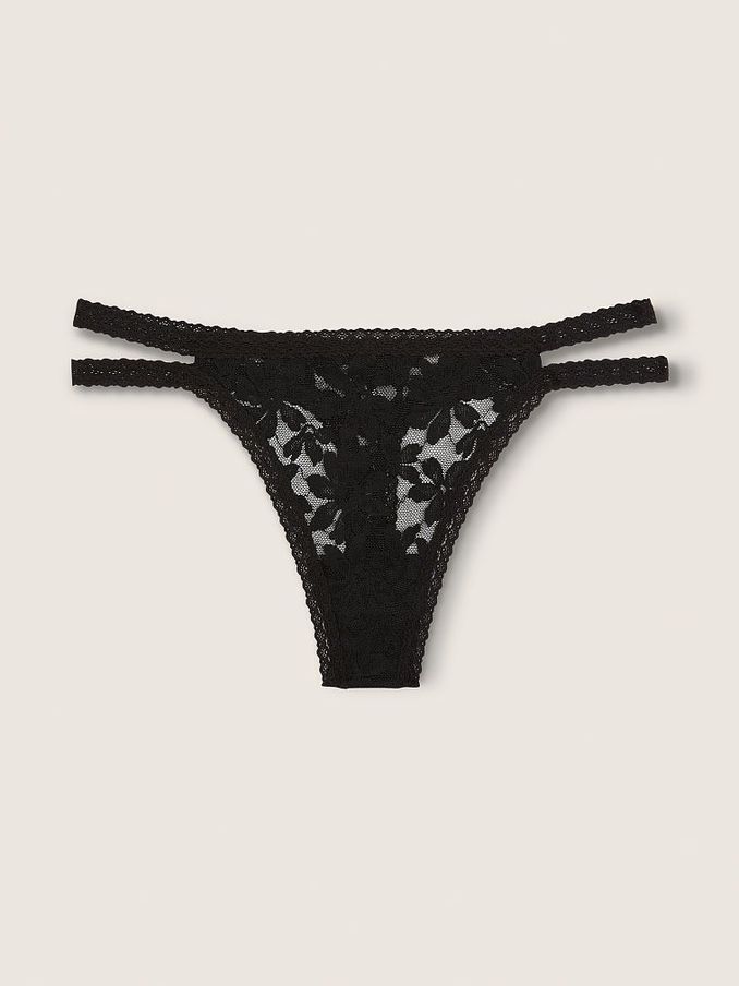 Pure Black Strappy Lace Thong Knickers (Q06598) | €4