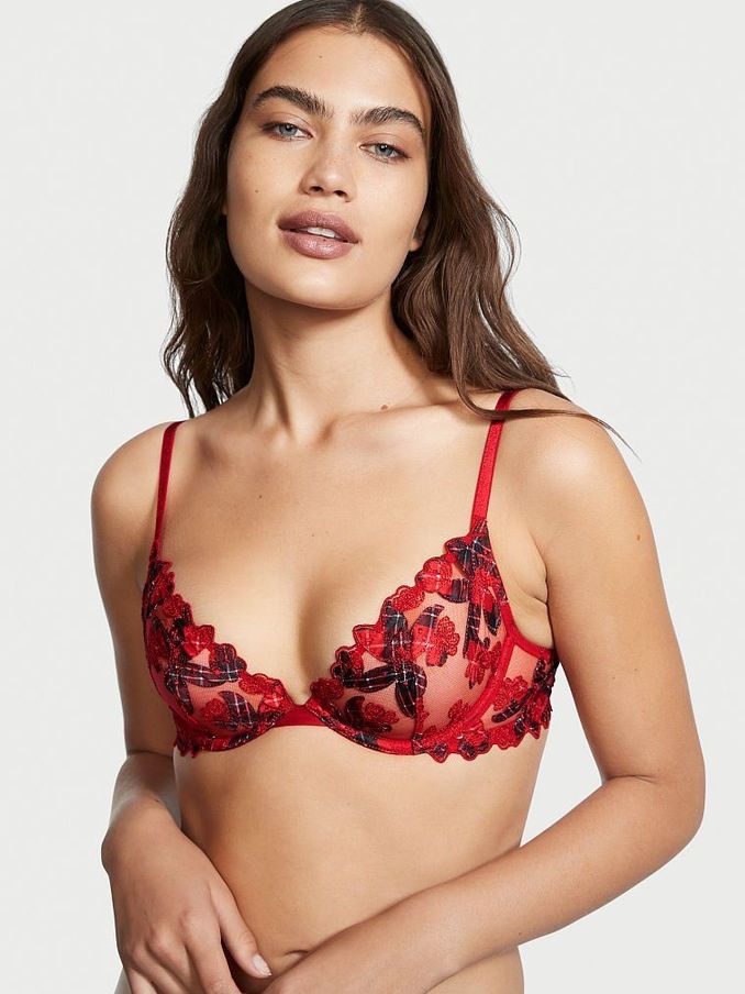 Plaid Print Unlined Floral Embroidered Demi Bra (Q07932) | €11
