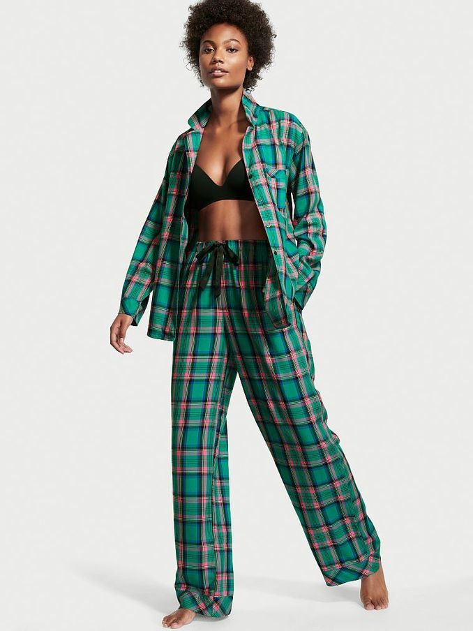Teal Blue and Pink Shine Plaid Flannel Long Pyjamas (Q08008) | €27