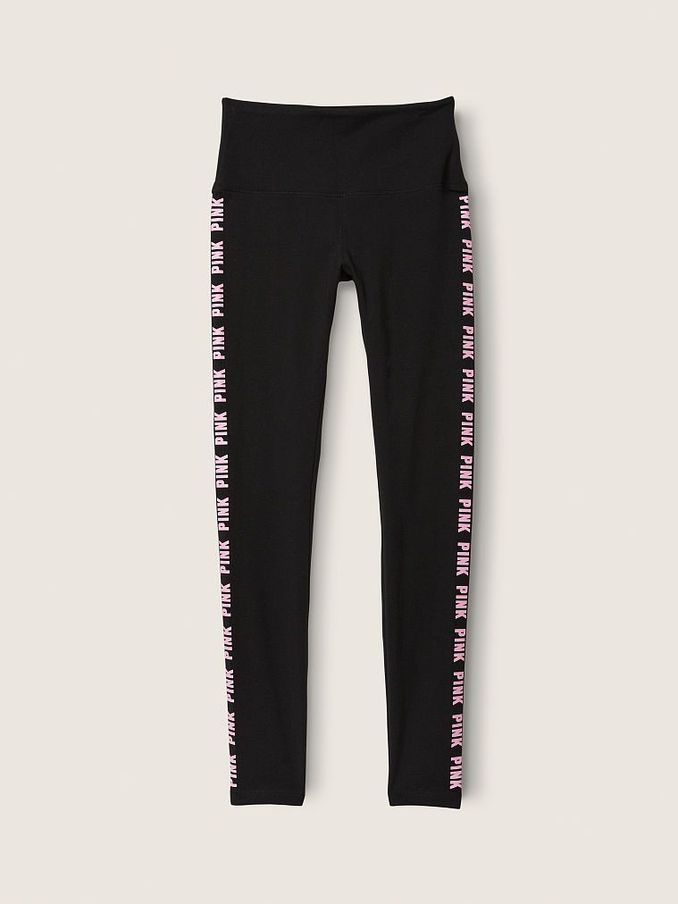 Pure Black With Pink Ticking Cotton High Waist Full Length Legging (Q08351) | €22