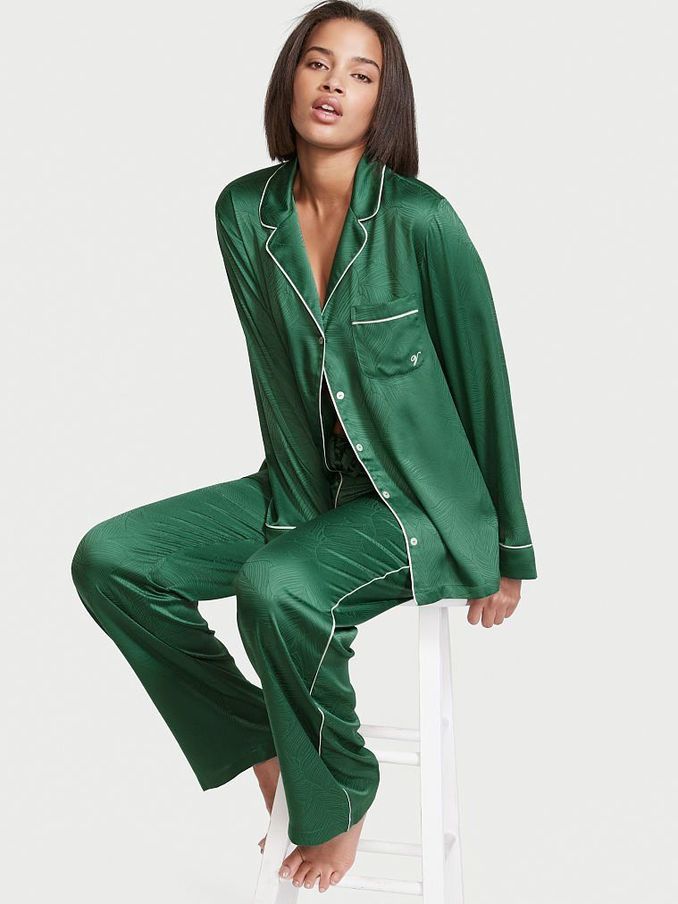 Seagrass Green Palm Satin Long Pyjamas (Q09035) | €34