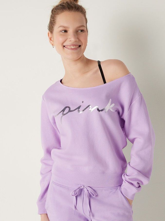 Purple Petal Shine Script Logo Everyday Lounge Off The Shoulder Sweatshirt (Q09309) | €22