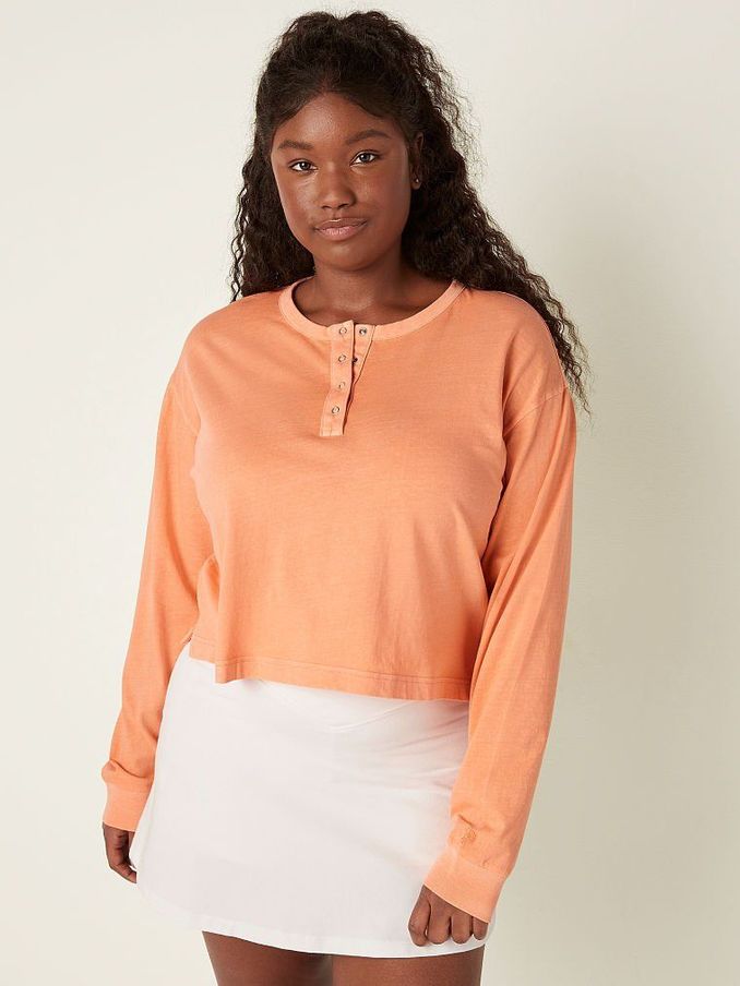 Coral Cream Wash Cotton Cropped Long Sleeve Campus Henley TShirt (Q09418) | €11