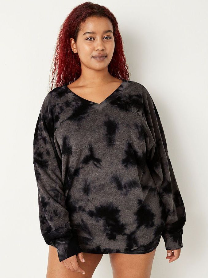 Pure Black Cloudy Tie Dye Varsity Beach Terry V Neck (Q09420) | €22