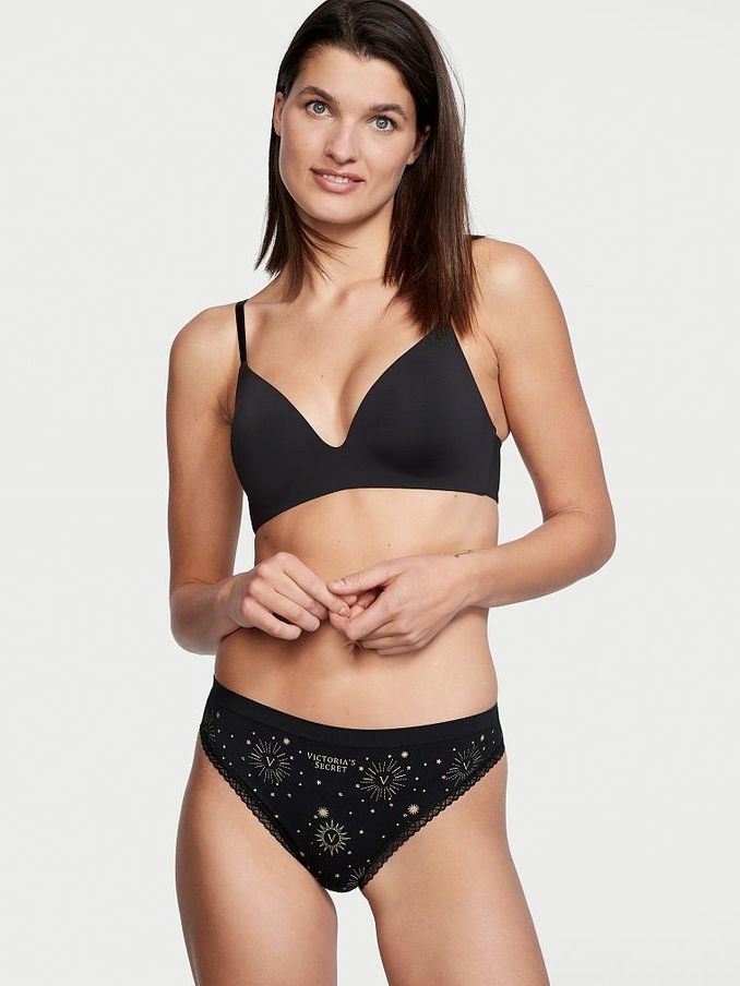 Black Seamless Foil Lace Thong Panty (Q09591) | €4