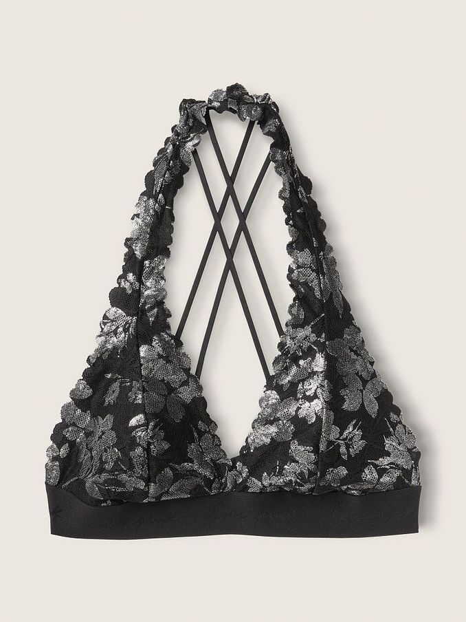 Pure Black Graphic Floral with Shine Lace Halter Bralette (Q09649) | €15