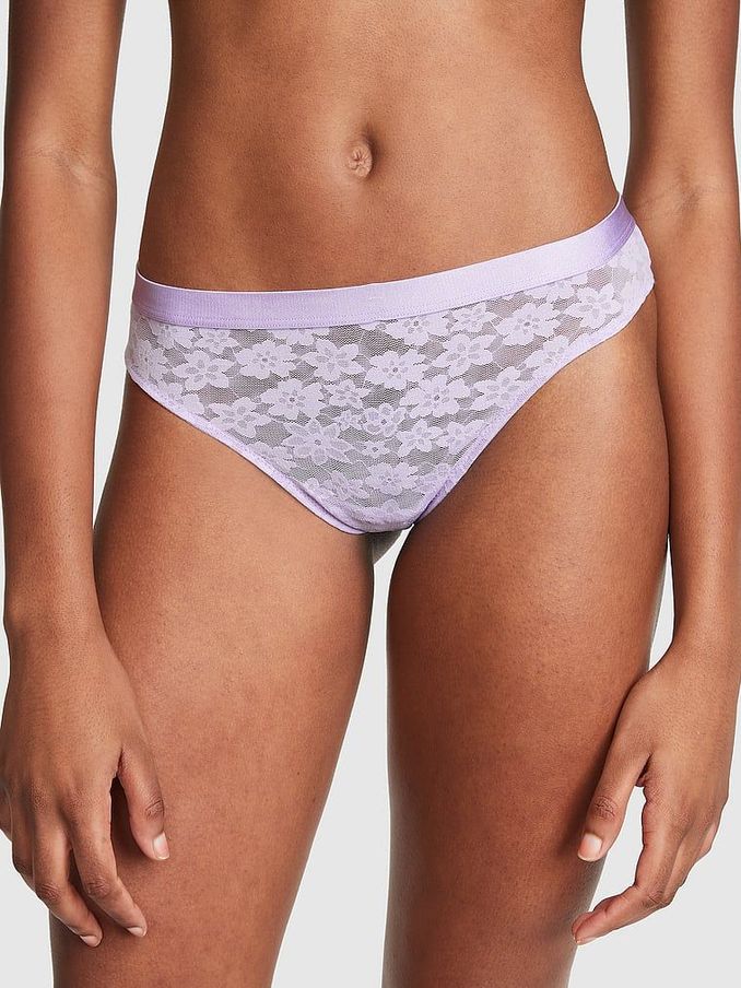 Pastel Lilac Purple Tossed Floral Lace Thong (Q10314) | €4