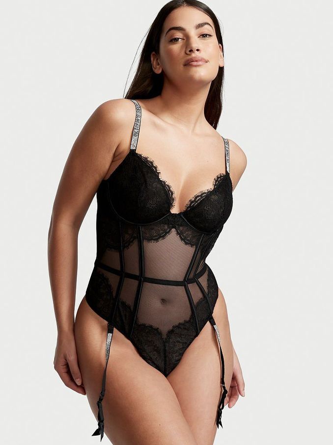 Black Demi Teddy With Shine Straps And Garters (Q10570) | €34