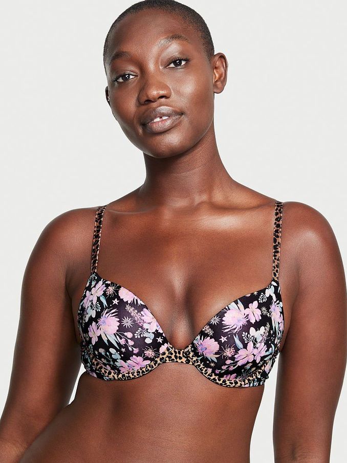 Black Animal Floral Smooth Push Up T-Shirt Bra (Q16803) | €17