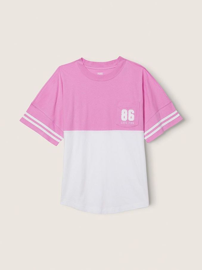 Pink Bloom Colorblock Varsity Short Sleeve Crew Pocket Tee (Q19893) | €11