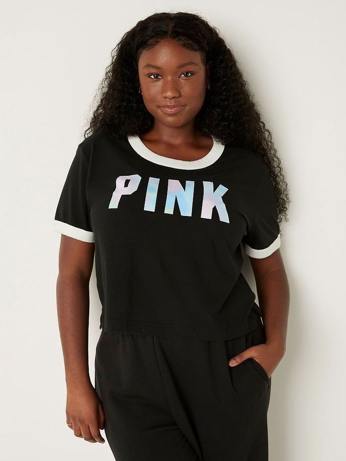 Pure Black Blur Classic Logo Knit Cropped Ringer TShirt (Q20408) | €11