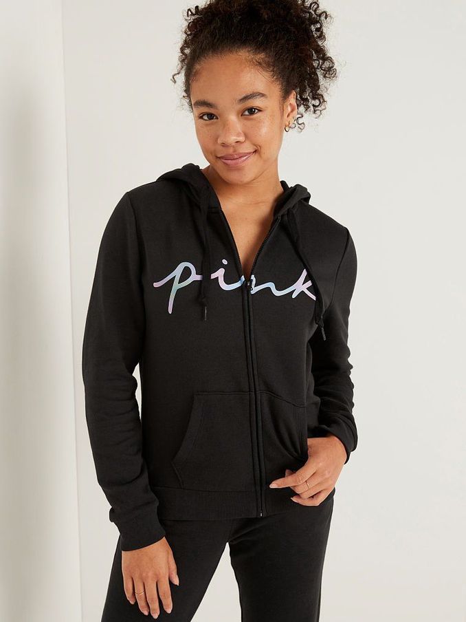 Pure Black Script Logo Everyday Lounge Perfect Full Zip Hoodie (Q23825) | €22
