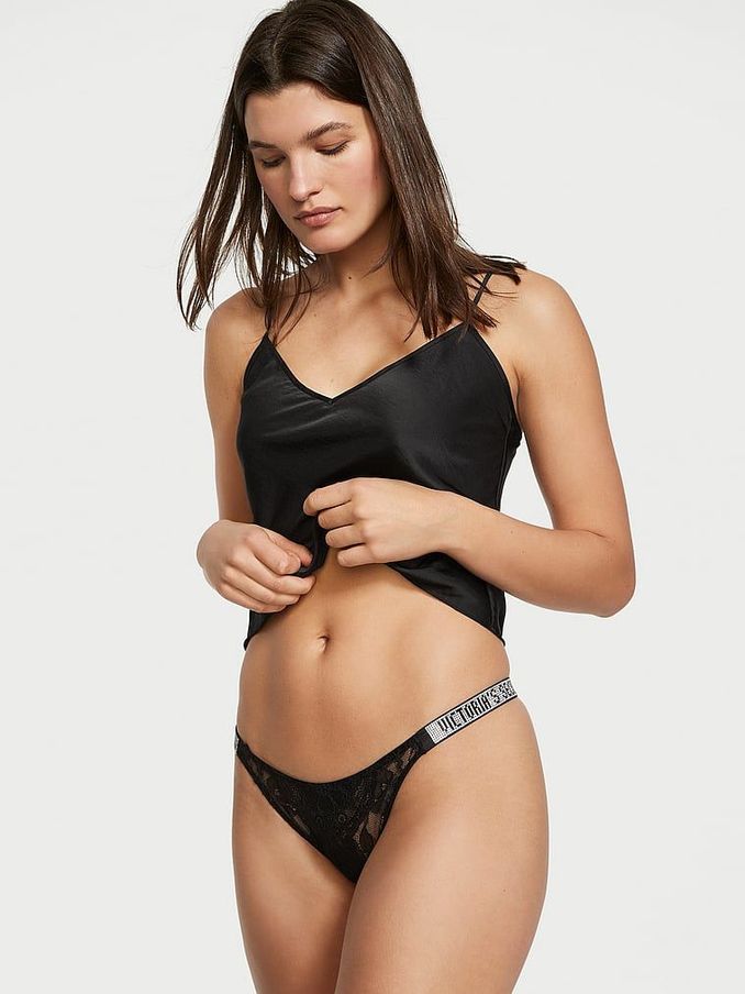 Black Lace Shine Strap Crotchless Brazilian Knickers (Q24516) | €22.50