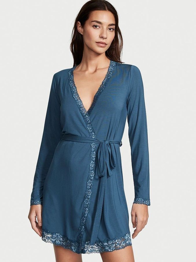 Midnight Sea Blue Modal Lace Trim Robe (Q26803) | €22