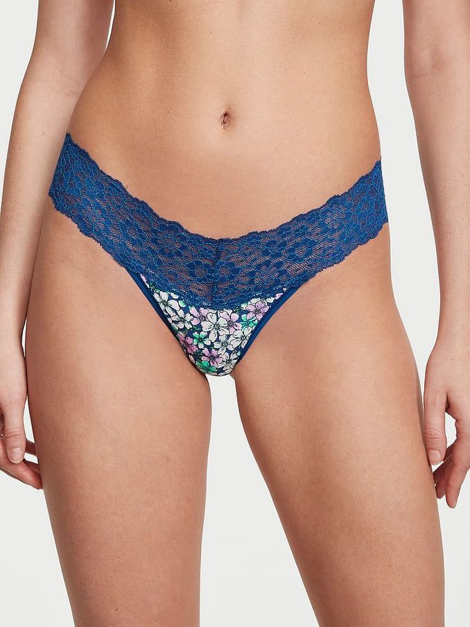 Blue Cherry Blossoms Lace Waist Thong Knickers (Q29219) | €4