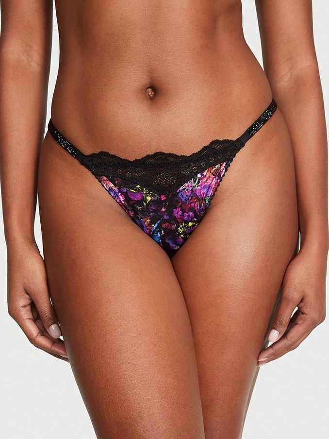 Moody Floral Black Lace Thong Shine Strap Knickers (Q37768) | €11
