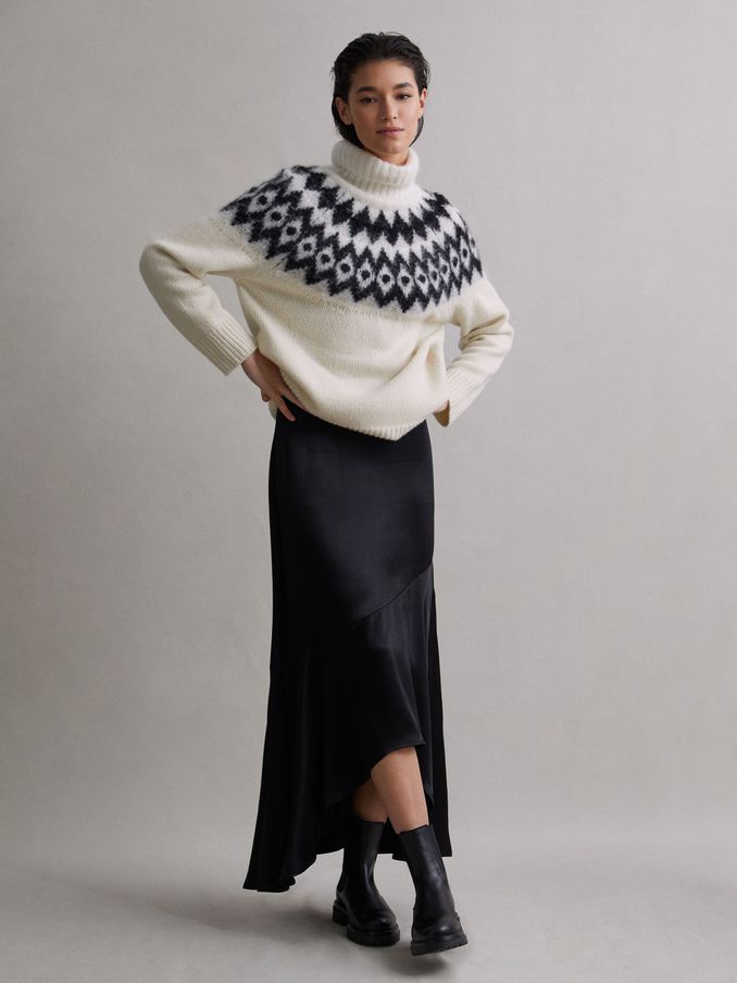 Wool-Cashmere Blend Fairisle Pattern Roll Neck Jumper in Cream/Black (Q44719) | $107