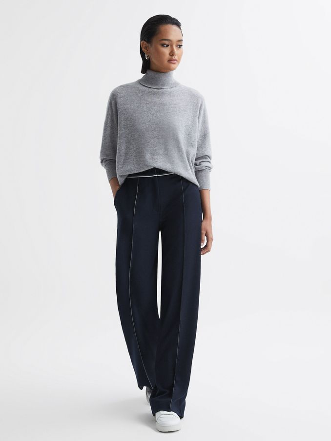 Petite Contrast Stitch Wide Leg Trousers in Navy (Q44829) | €96