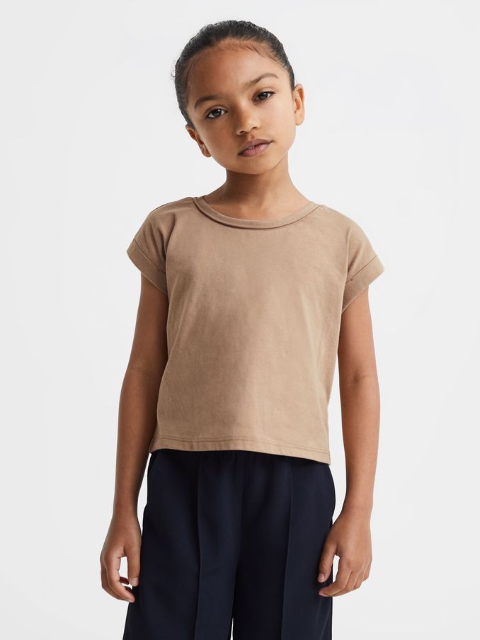 9-13 yrs Cotton Crew Neck Crop Top in Camel (Q48791) | €10