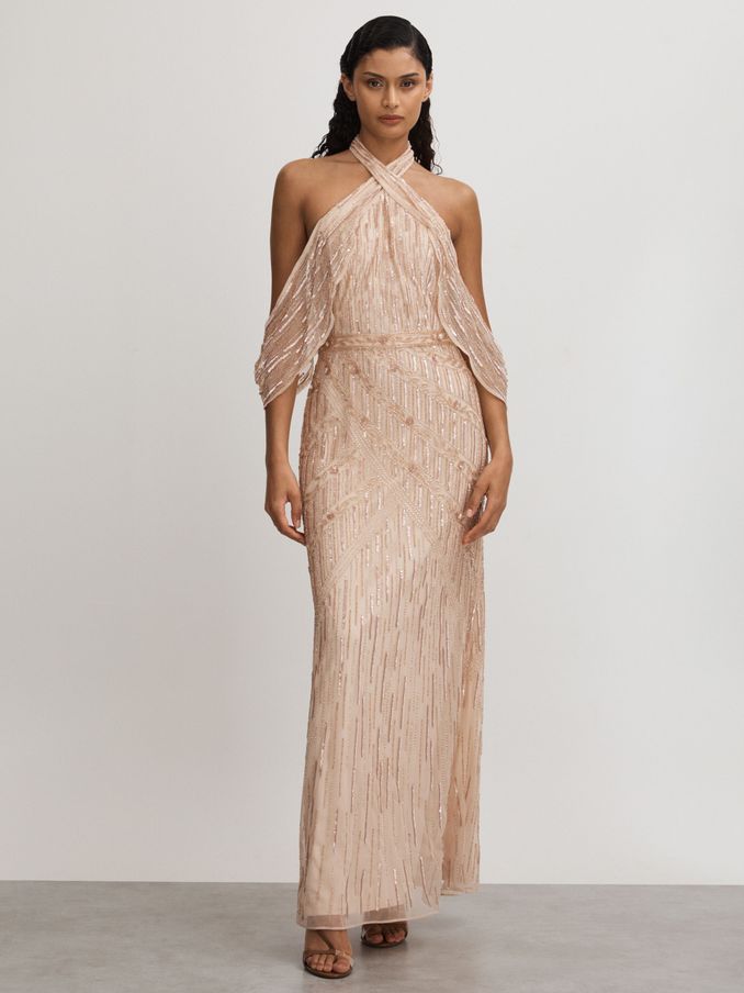 Ava Nude Raishma Nude Embellished Cross Front Maxi Dress (Q60905) | €423