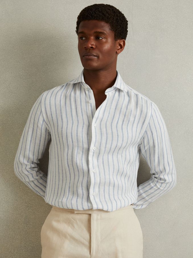 Linen Button-Through Shirt in Blue Stripe (Q60906) | €76