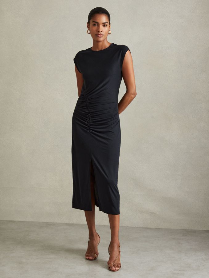 Ruche Front Capped Sleeve Jersey Midi Dress in Charcoal (Q60909) | US$66