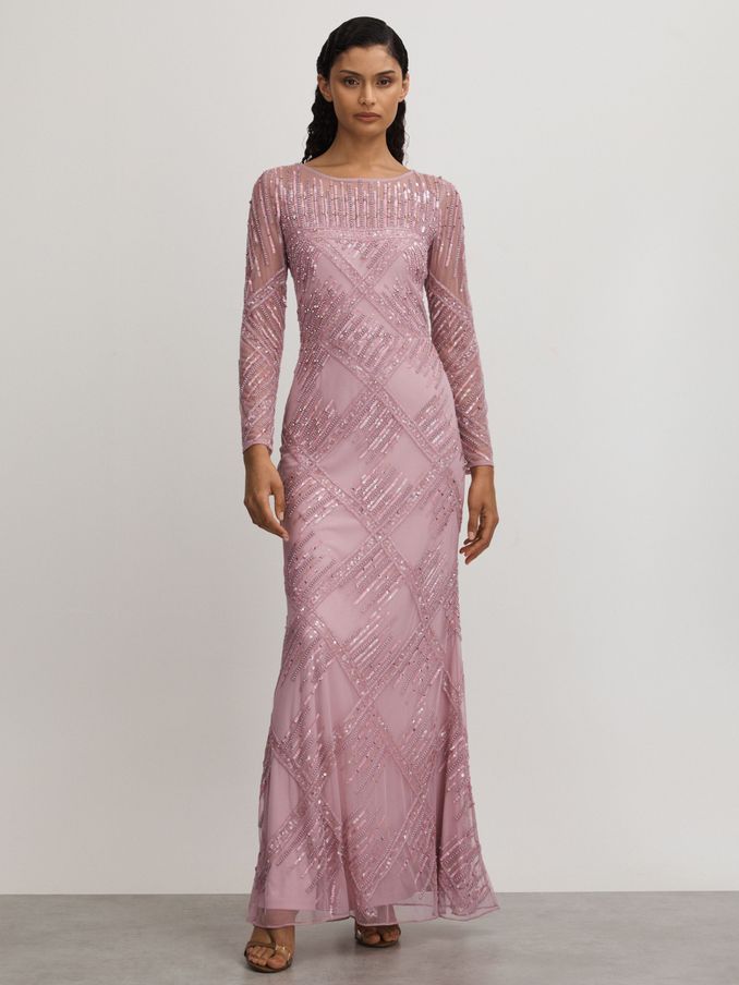 Felicity Pink Raishma Pink Embellished Mesh Sheer Sleeve Maxi Dress (Q60911) | €498