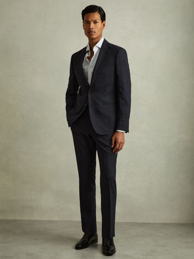 Wool Blend Suit Trousers in Prince of Wales Check in Navy (Q60922) | US$114