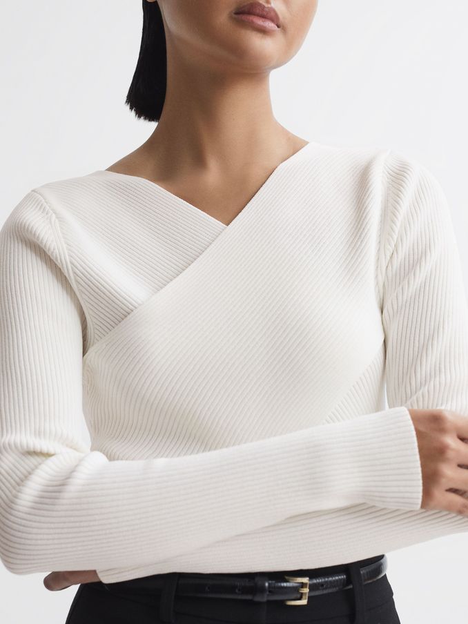 Knitted Wrap Long Sleeve Top in Ivory (Q60996) | US$77