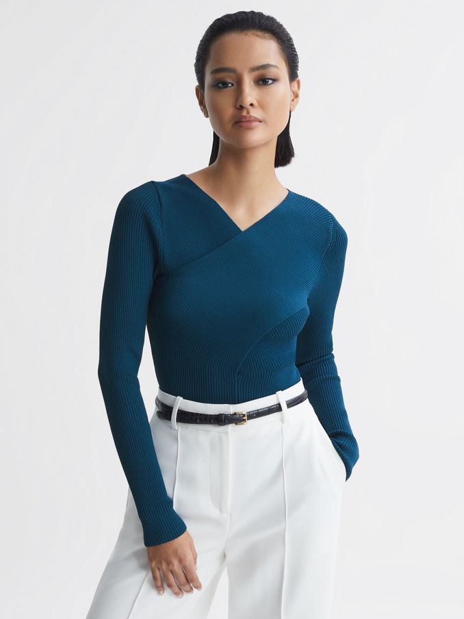 Knitted Wrap Long Sleeve Top in Teal (Q60998) | $81
