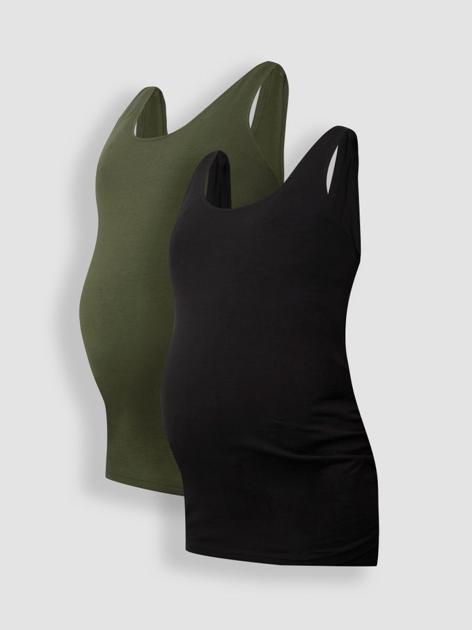 Khaki Green & Black 2-Pack Ruched Maternity Vest Tops (Q63617) | $51
