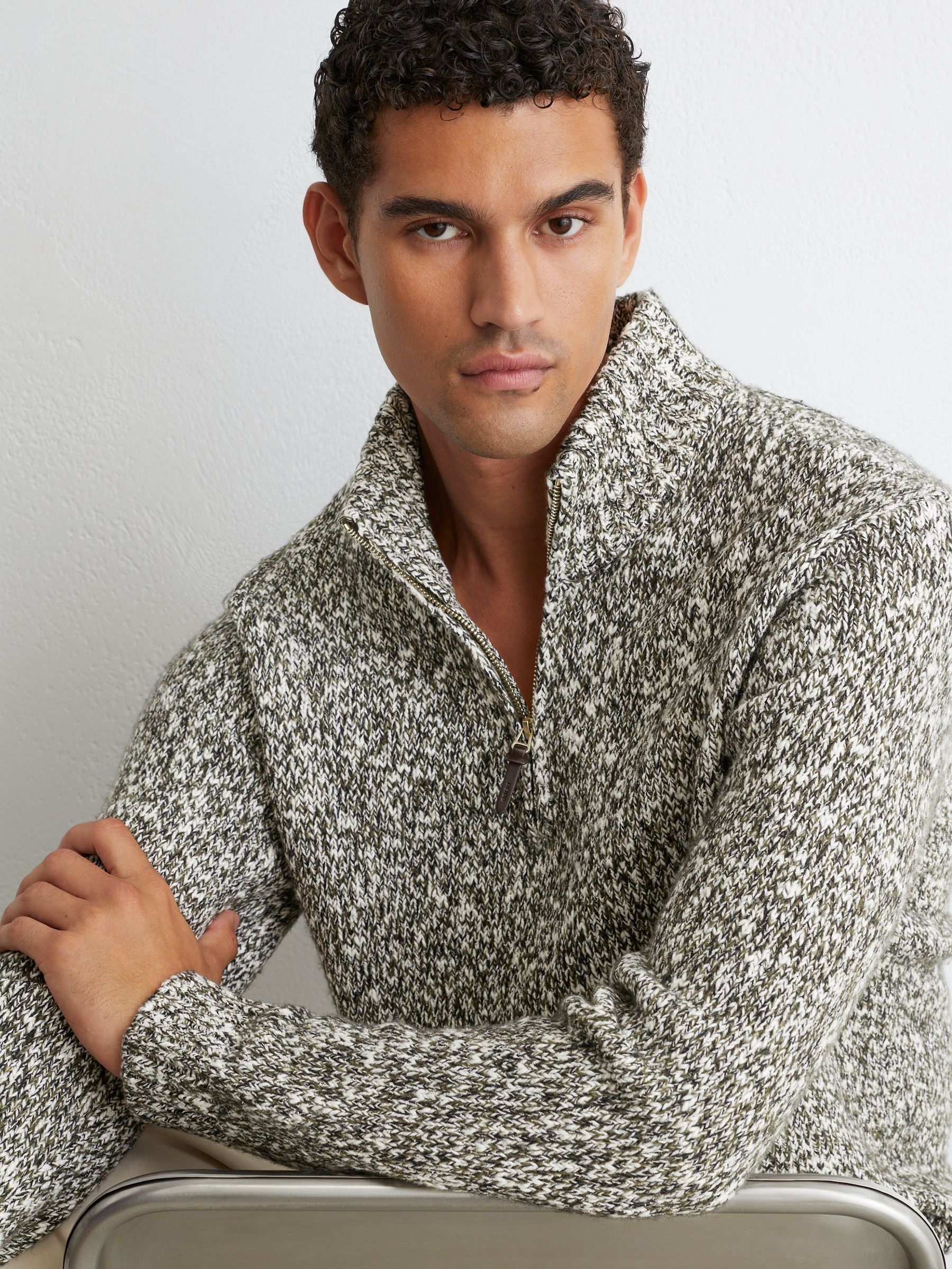 Green/White - Regular Cotton And Wool Speckled Knit Jumper