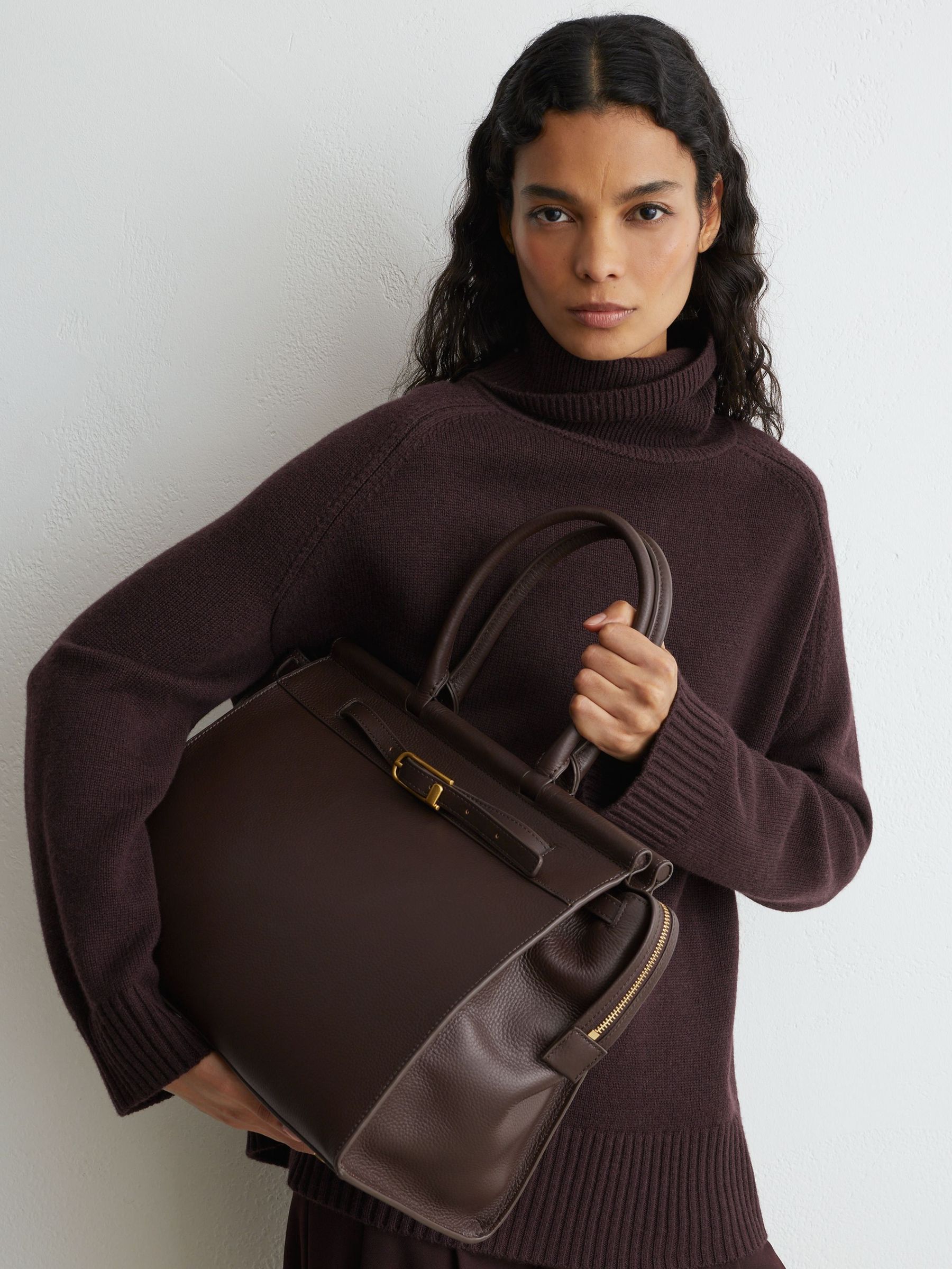Chocolate - Leather Structured Tote Bag