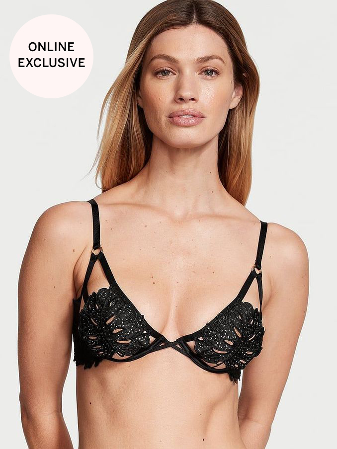 Black Embellished Tropical Leaf Low Cut Demi Bra (Q67210) | €26