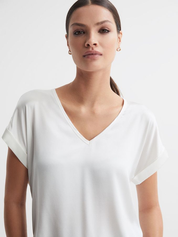 Silk-Front V-Neck T-Shirt in Ivory (Q69236) | US$93