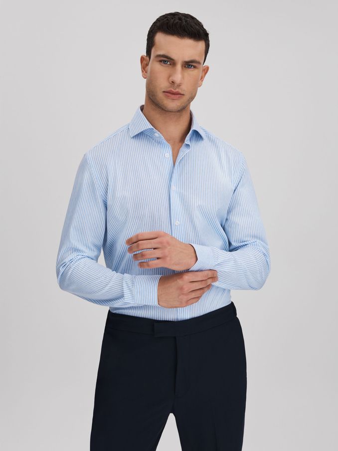 Striped Cutaway Collar Shirt in White/Soft Blue (Q69266) | €97