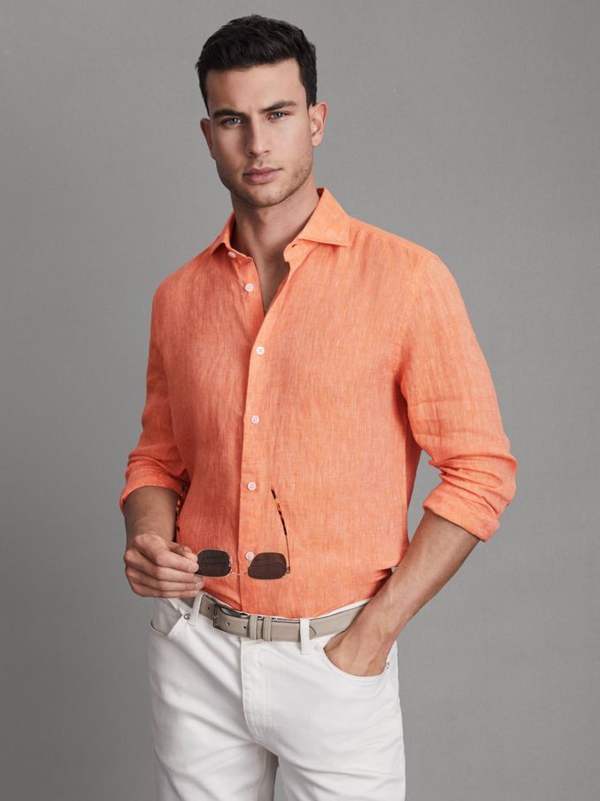 Linen Button-Through Shirt in Peach (Q69270) | €54