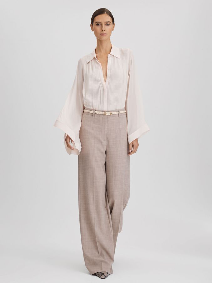 Pleated Flared Sleeve Blouse in Nude (Q69271) | US$80
