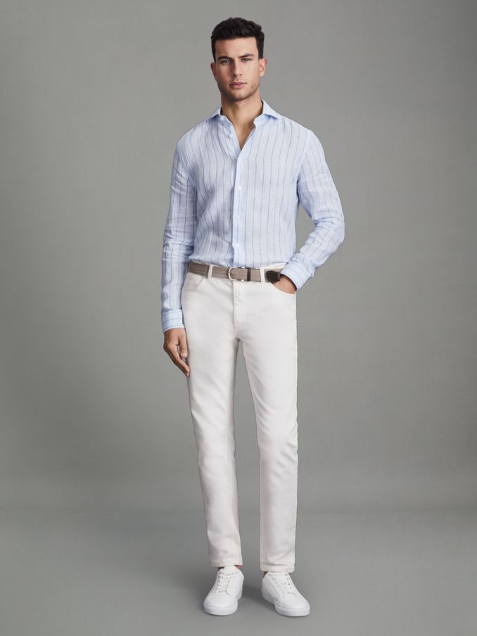 Linen Button-Through Shirt in Soft Blue Pin Stripe (Q69278) | US$78