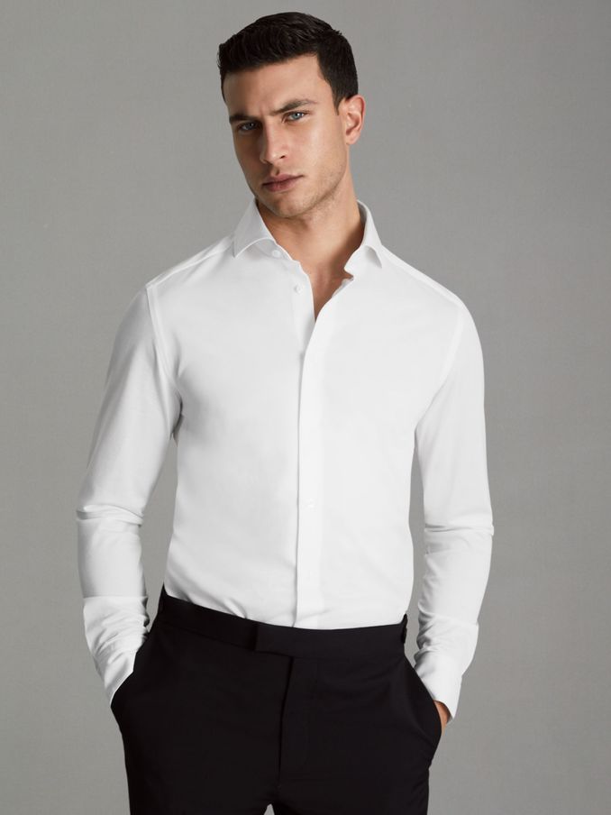 Cutaway Collar Jersey Slim Fit Shirt in White (Q69280) | US$111