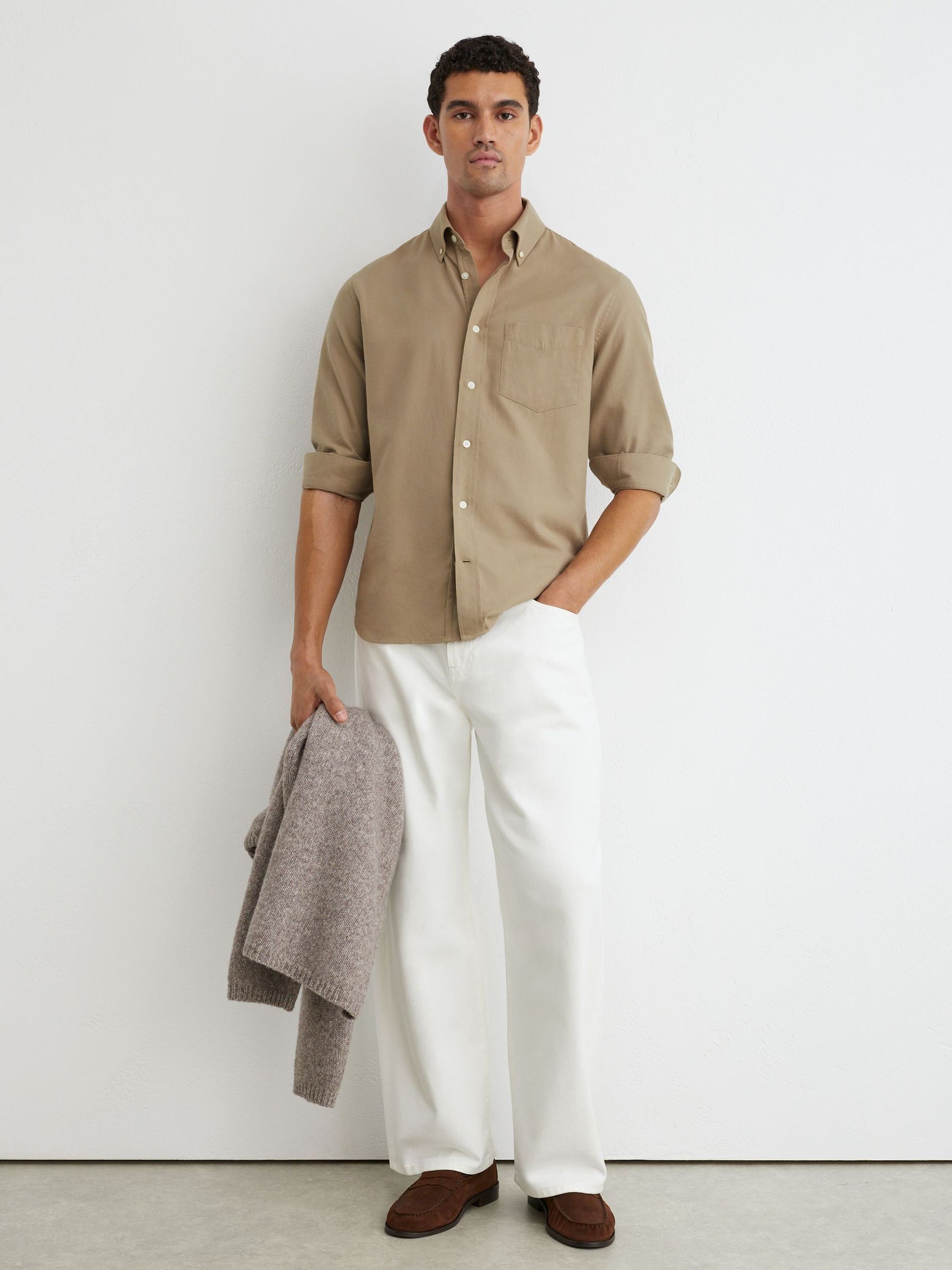 Taupe Brown - Regular Cotton Flannel Button-down Shirt Regular-fit