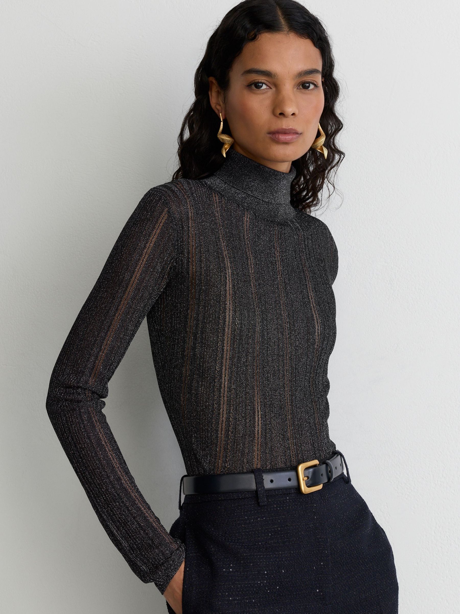 Navy - Metallic Open-knit Roll-neck Top