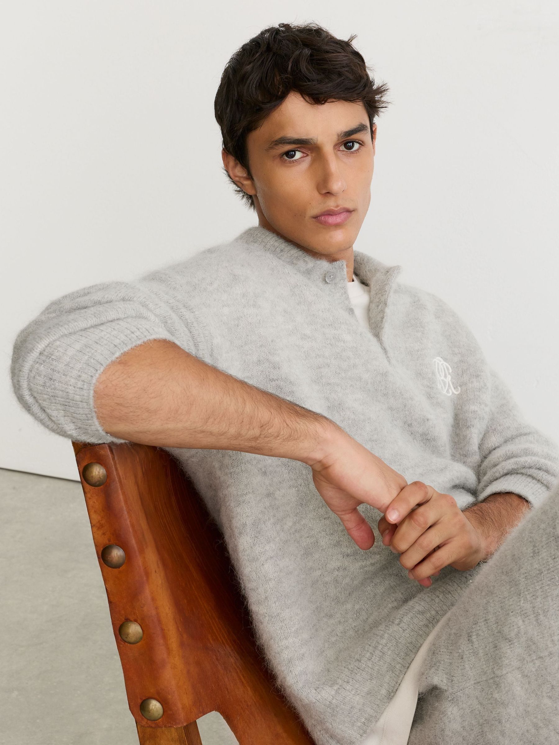 Soft Grey - Regular Monogram Brushed Wool-blend Polo Jumper