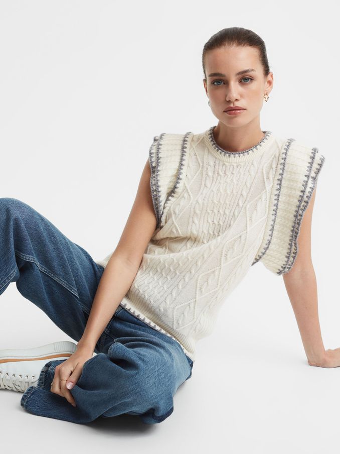 Madeleine Thompson Wool-Cashmere Ruffle Sleeve Vest in Cream (Q70958) | US$234