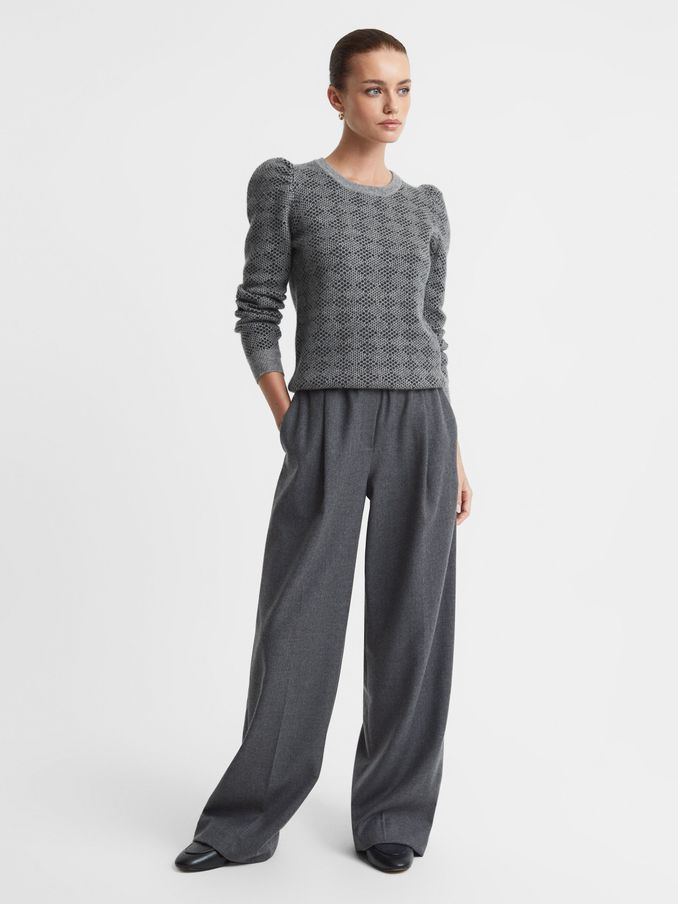 Madeleine Thompson Wool-Cashmere Check Puff Sleeve Jumper in Grey/Charcoal (Q70970) | €297