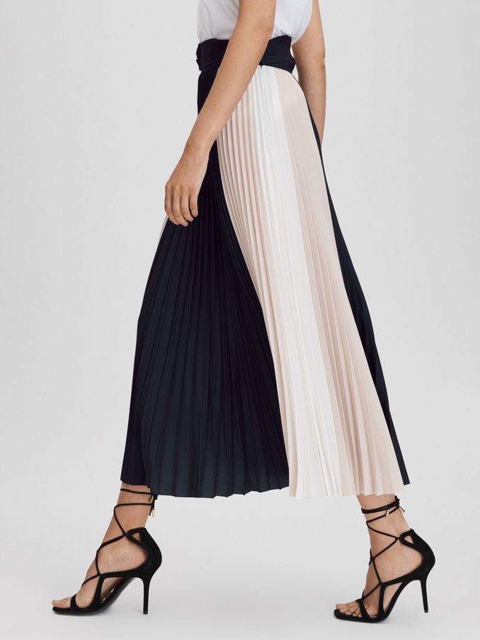 Colourblock Pleated Midi Skirt in Navy/Nude (Q71000) | €82