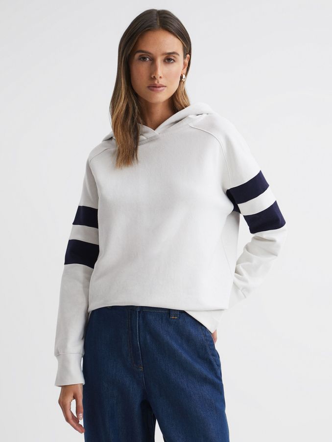Cotton Blend Striped Hoodie in Neutral/Navy (Q71062) | US$111