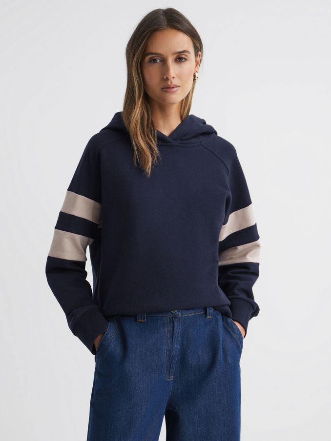 Cotton Blend Striped Hoodie in Navy/Stone (Q72159) | CHF 83