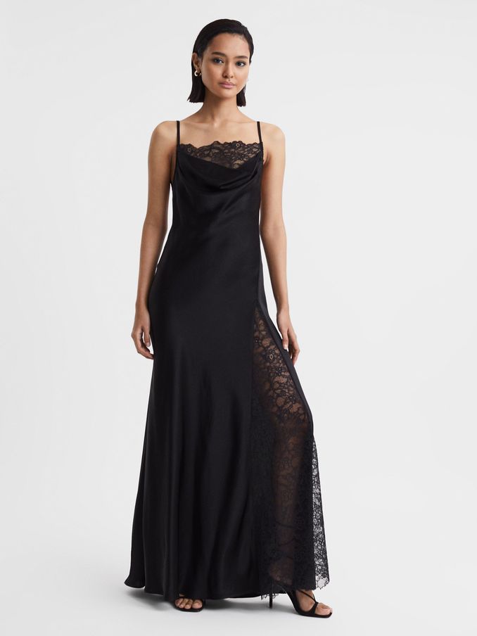 Anna Quan Satin Lace Cowl Neck Maxi Dress in Black (Q72180) | €396